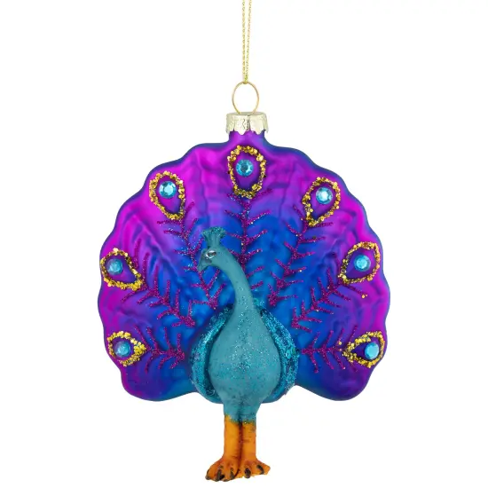 Northlight Standing Glittered Peacock Glass Christmas Ornament - 4.75" - Purple and Blue {1}