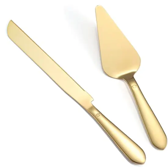 Cake Cutting Set for Wedding, Elegant Knife and Server with Thickened Stainless Steel Rounded Edges, Cutter Pie Spatula Birthday Anniversary Christmas Gift of 2, Gold {3}