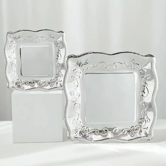 25 SILVER 11" Square Paper Dessert Dinner PLATES Scroll Design {4}
