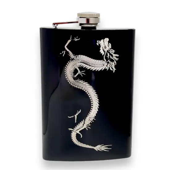 8oz BLACK Chinese Dragon Flask {1}