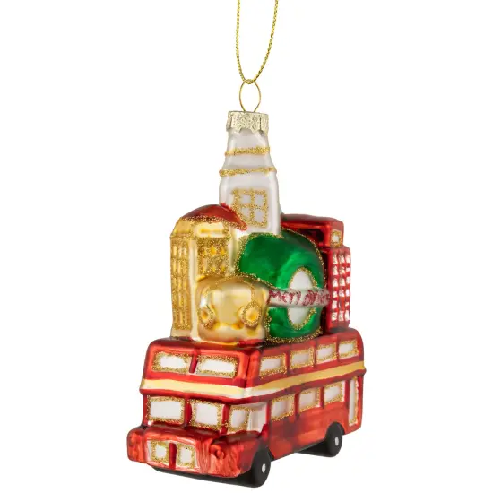 Northlight Merry Christmas Double Decker Tour Bus Glass Ornament - 4.5" - Gold and Red {1}