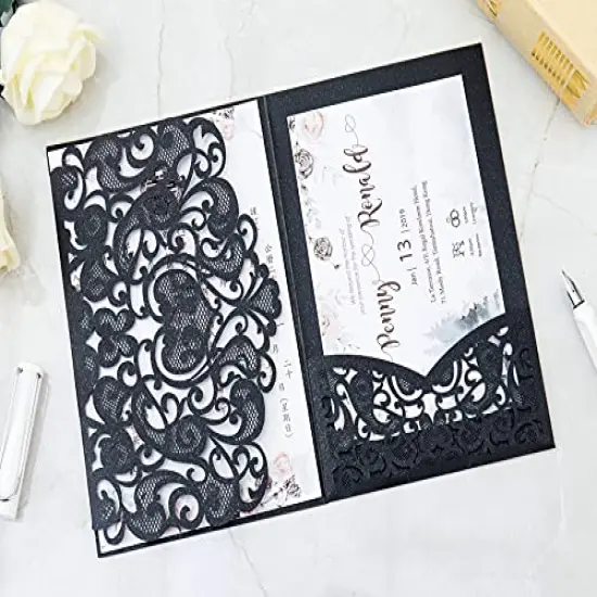 50 Sets Tri fold Love Hollow Laser cut Pocket Wedding Invite Invitation Card Jacket for Party Birthday Quinceañera Invite 4.92 by 7.28 inches (Black, Only Invitation cover) {1}