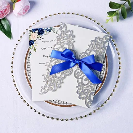 20 PCS 5 x 7'' Silver Giltter Laser Cut Wedding Invitations with Envelopes for Wedding Party Bridal Shower Engagement Birthday Sweet 16 Invite - Silver Glitter with Royal Blue Ribbons {1}