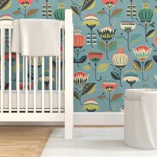 Pre-Pasted Wallpaper 2FT Wide Mod Floral Folk Art Retro Botanical Scandinavian Garden Custom Pre-pasted Wallpaper by Spoonflower {7}