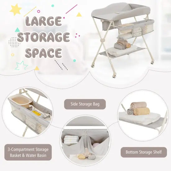 Baby Diaper Changing Table with Water Basin Wheel Gray {1}