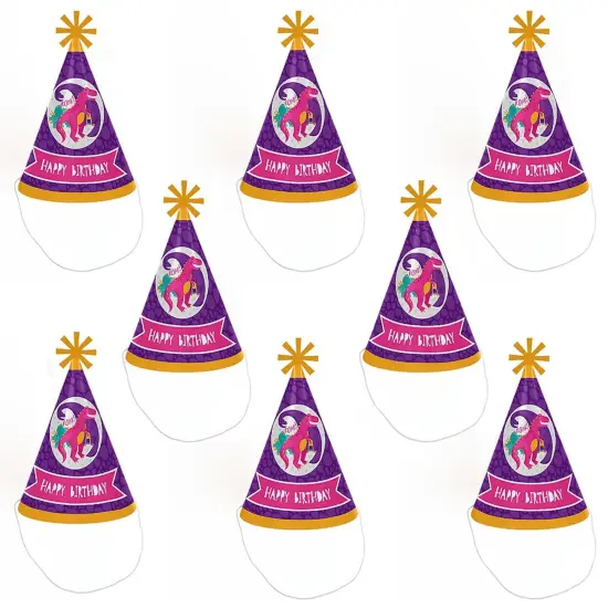 Big Dot of Happiness Roar Dinosaur Girl - Cone Happy Birthday Party Hats for Kids and Adults - Set of 8 (Standard Size) {7}