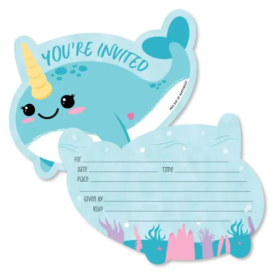 Big Dot of Happiness Narwhal Girl - Shaped Fill-in Invites - Under The Sea Baby Shower or Birthday Party Invitation Cards with Envelopes - Set of 12 {1}