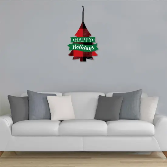 Big Dot of Happiness Holiday Plaid Trees - Hanging Porch Buffalo Plaid Christmas Party Outdoor Decorations - Front Door Decor - 1 Piece Sign {4}