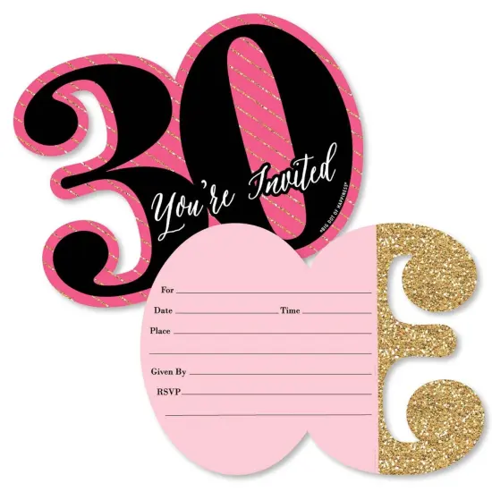Big Dot of Happiness Chic 30th Birthday - Pink, Black and Gold - Shaped Fill-in Invites - Birthday Party Invitation Cards with Envelopes - Set of 12 {1}