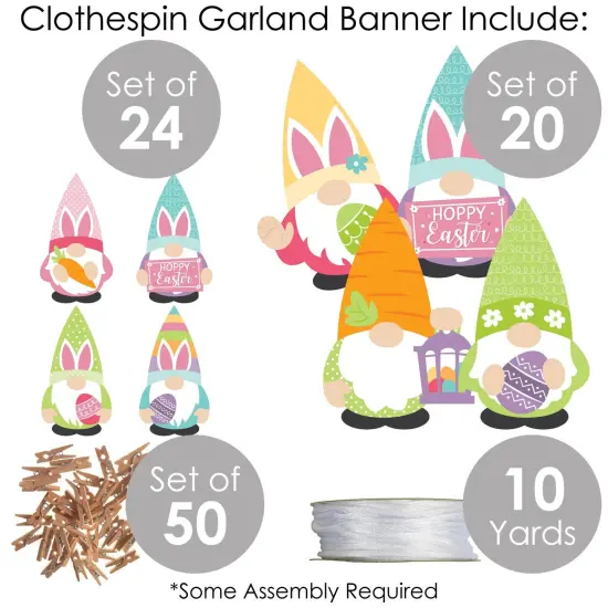 Big Dot of Happiness Easter Gnomes - Spring Bunny Party DIY Decorations - Clothespin Garland Banner - 44 Pieces {6}