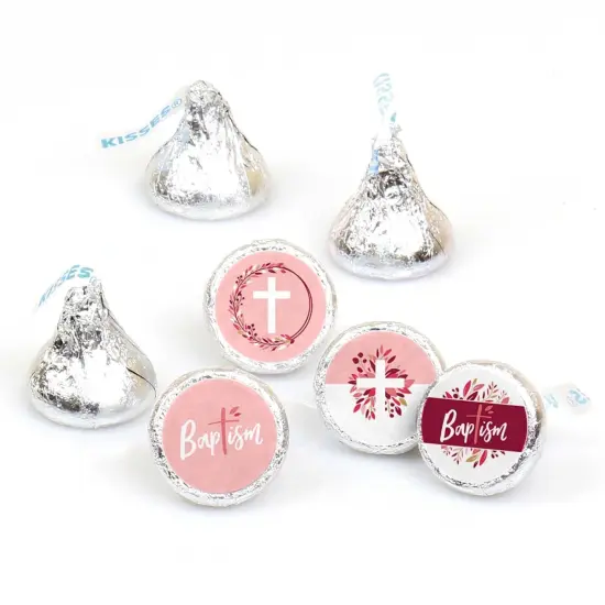 Big Dot of Happiness Baptism Pink Elegant Cross - Girl Religious Party Round Candy Sticker Favors - Labels Fits Chocolate Candy (1 sheet of 108) {1}