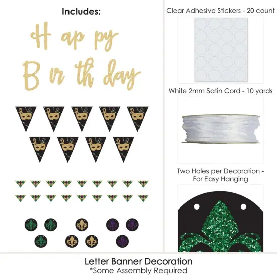 Big Dot of Happiness Mardi Gras - Masquerade Birthday Party Letter Banner Decoration - 36 Cutouts & No-Mess Real Gold Glitter Happy Birthday Letters {4}