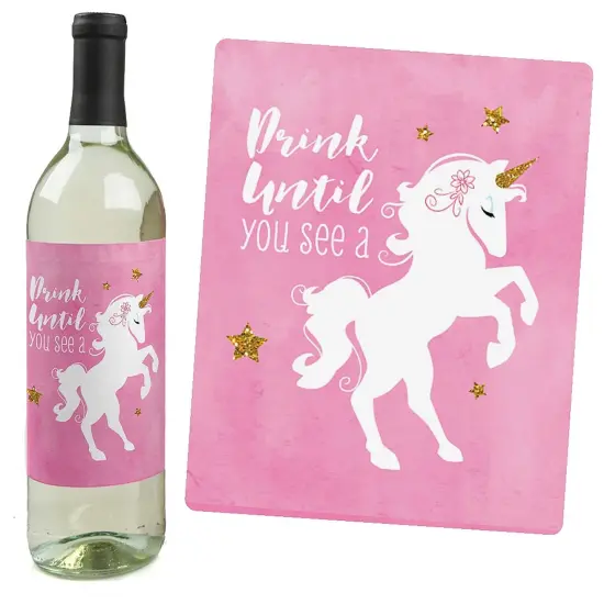 Big Dot of Happiness Rainbow Unicorn - Magical Unicorn Baby Shower or Birthday Party Decor for Women and Men - Wine Bottle Label Stickers - Set of 4 {3}