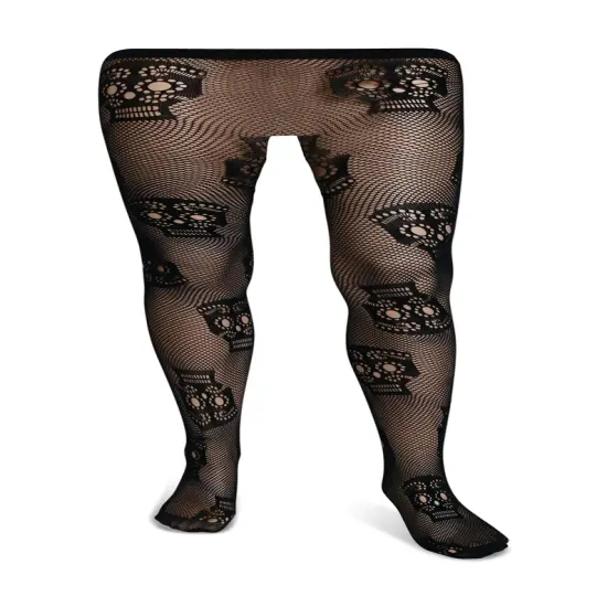 Black Fishnet Skull Tights - Gothic Day of the Dead Halloween Fish Net Pantyhose with Ripped Skeleton Sugar Skulls Stockings {2}