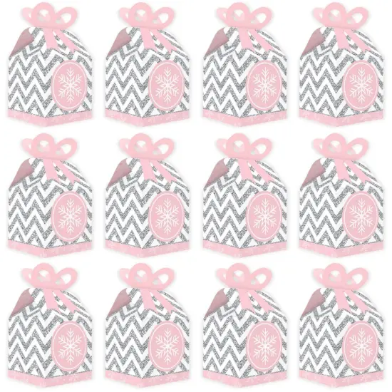 Big Dot of Happiness Pink Winter Wonderland - Square Favor Gift Boxes - Holiday Snowflake Birthday Party and Baby Shower Bow Boxes - Set of 12 {6}
