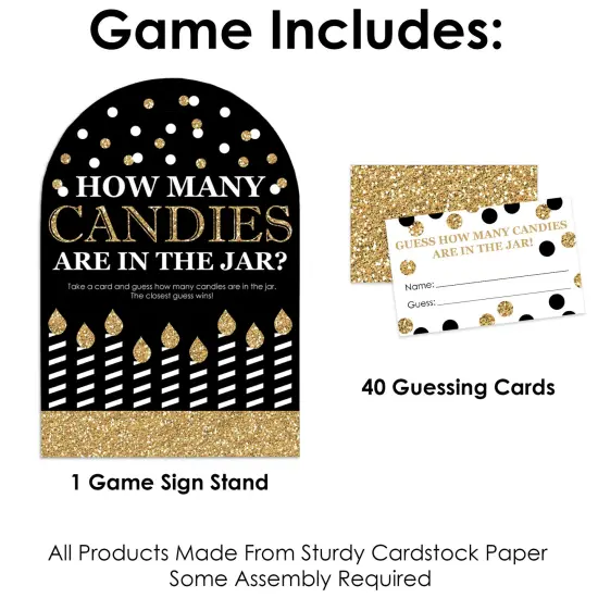 Big Dot of Happiness Adult Happy Birthday - Gold - How Many Candies Birthday Party Game - 1 Stand and 40 Cards - Candy Guessing Game {4}