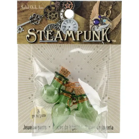 Solid Oak Steampunk Glass Accents 3/Pkg-Fancy Green Bottles {1}