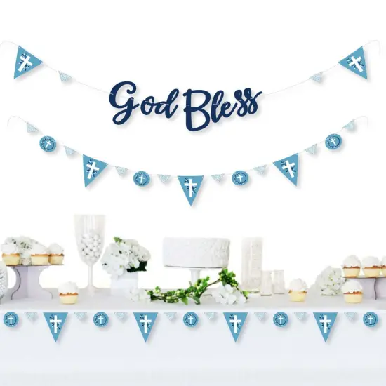 Big Dot of Happiness Blue Elegant Cross - Boy Religious Party Letter Banner Decoration - 36 Banner Cutouts and God Bless Banner Letters {3}