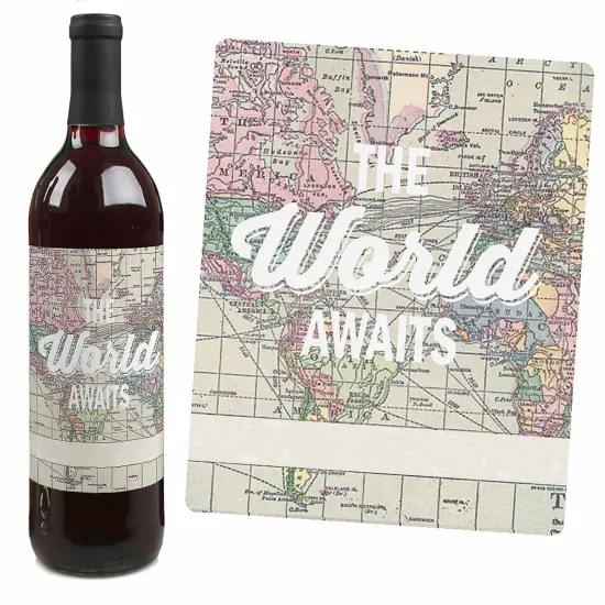 Big Dot of Happiness World Awaits - Travel Theme Decorations for Women and Men - Wine Bottle Label Stickers - Set of 4 {5}