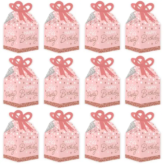 Big Dot of Happiness Pink Rose Gold Birthday - Square Favor Gift Boxes - Happy Birthday Party Bow Boxes - Set of 12 {6}