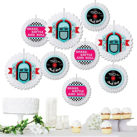 Big Dot of Happiness 50's Sock Hop - Hanging 1950s Rock N Roll Party Tissue Decoration Kit - Paper Fans - Set of 9 {1}