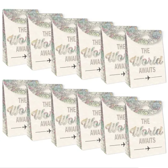Big Dot of Happiness World Awaits - Travel Themed Gift Favor Bag- Party Goodie Boxes- Set of 12 {6}