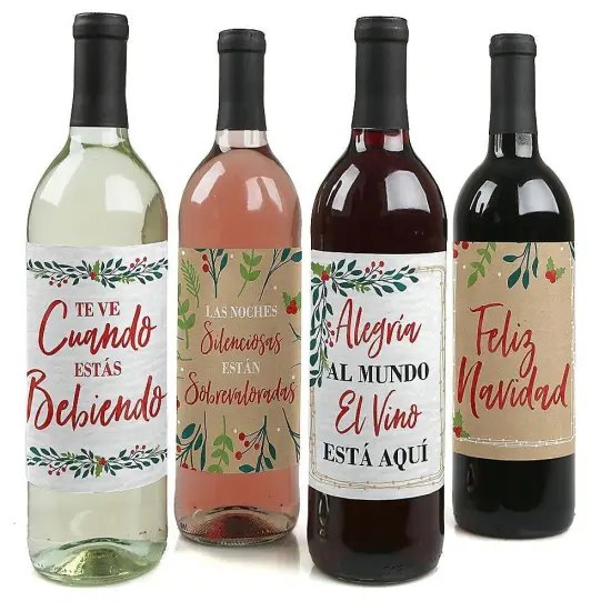 Big Dot of Happiness Feliz Navidad - Holiday and Spanish Christmas Party Decorations for Women and Men - Wine Bottle Label Stickers - Set of 4 {1}