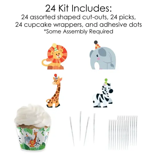 Big Dot of Happiness Jungle Party Animals - Cupcake Decor - Safari Animal Birthday Party or Baby Shower Cupcake Wrappers & Treat Picks Kit - Set of 24 {6}