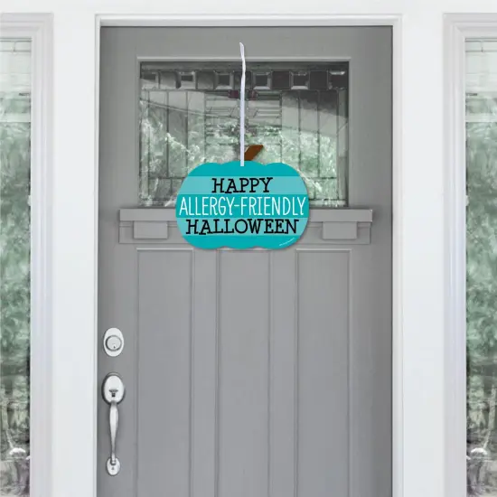 Big Dot of Happiness Teal Pumpkin - Hanging Porch Halloween Allergy Friendly Trick or Trinket Outdoor Decorations - Front Door Decor - 1 Piece Sign {3}