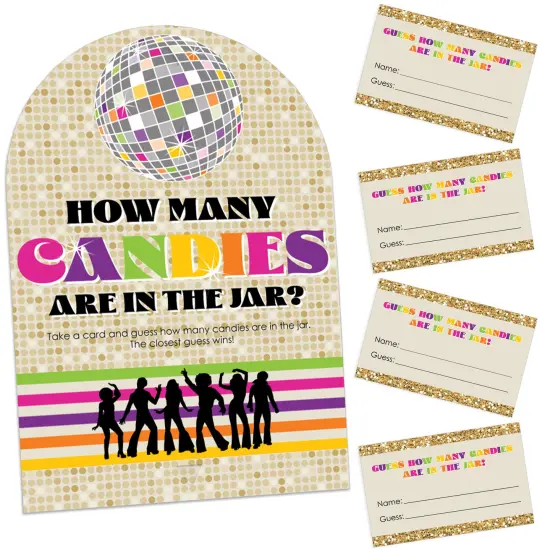 Big Dot of Happiness 70&rsquo;s Disco - How Many Candies 1970s Disco Fever Party Game - 1 Stand and 40 Cards - Candy Guessing Game {1}