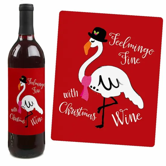 Big Dot of Happiness Flamingle Bells - Tropical Flamingo Christmas Decorations for Women and Men - Wine Bottle Label Stickers - Set of 4 {5}