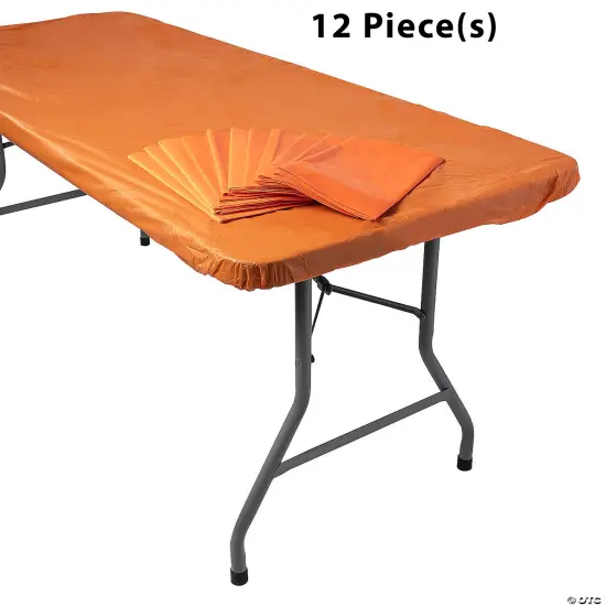 Bulk 12 Pc. 6 FT Fitted Rectangle Plastic Tablecloths Orange {1}