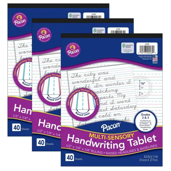 Multi-Sensory Raised Ruled Tablet, Tape-Bound Tablet, 1/2" x 1/4" x 1/4" Ruled Short, 8-1/2" x 11", 40 Sheets, Pack of 3 {1}