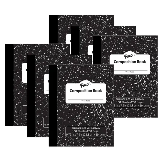 Composition Book, Black Marble, 9/32" Ruled w/ Margin, 9-3/4" x 7-1/2", 100 Sheets, Pack of 6 {1}