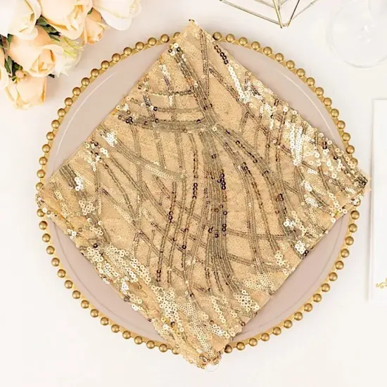 20" x 20" CHAMPAGNE Tulle Net Fabric NAPKIN Wavy Embroidered Sequins {3}