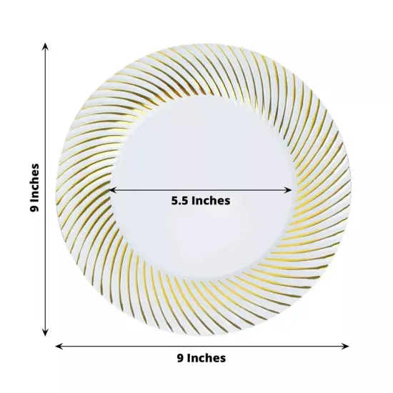 10 WHITE GOLD 9" Round Plastic Dinner PLATES Swirl Design {4}