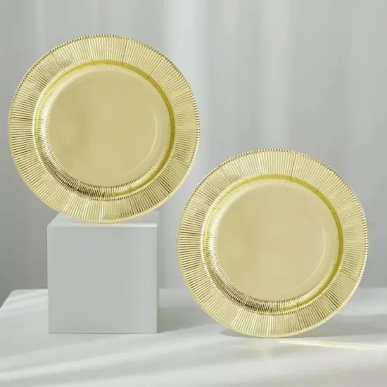 25 GOLD 8" Metallic Round Paper Salad DINNER PLATES Textured Rim {2}
