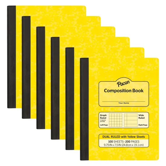 Dual Ruled Composition Book, Yellow, 1/4 in grid and 3/8 in (wide) 9-3/4" x 7-1/2", 100 Sheets, Pack of 6 {1}