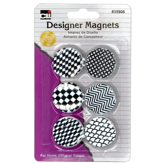 Designer Button Style Magnets, Super Strong - Assorted Black & White Designs, 6 Per Pack, 12 Packs {2}
