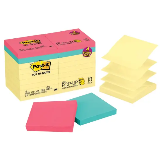 Dispenser Pop-up Notes Value Pack, 3 in x 3 in, Canary Yellow, 14 Pads plus 4 Pads in Assorted Color {1}
