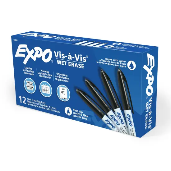 Vis-a-Vis&reg; Wet-Erase Overhead Transparency Markers, Fine Tip, Black, Box of 12 {1}