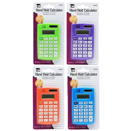 Calculator, Hand Held, 8 Digit, Assorted Colors, Pack of 12, Carded {2}