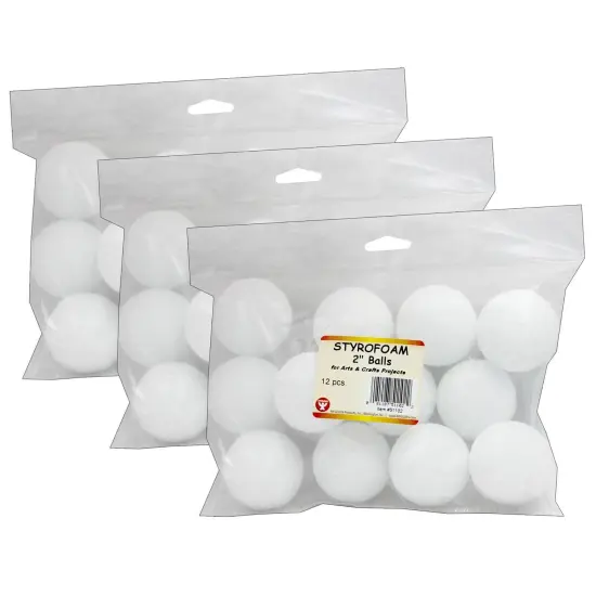 Craft Foam Balls, 2 Inch, White, 12 Per Pack, 3 Packs {1}