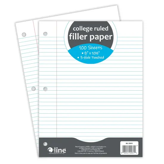 Filler Paper, College Ruled, 8" x 10-1/2", White, 100 Sheets Per Pack, 12 Packs {3}