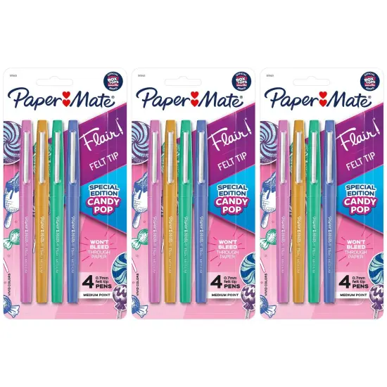 Flair Felt Tip Pens, Medium Point, Candy Pop Pack, 4 Per Pack, 3 Packs {1}