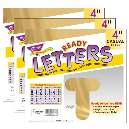 Gold Metallic 4" Casual Uppercase Ready Letters&reg;, 71 Per Pack, 3 Packs {1}
