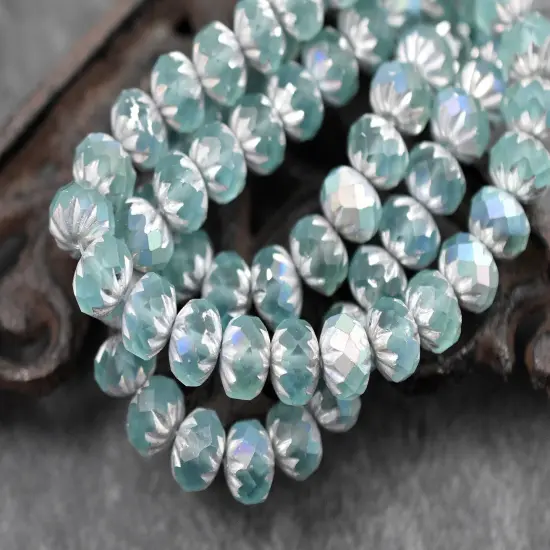 *25* 6x9mm Silver Washed Matte Blue Teal AB Fire Polished Cruller Rondelle Beads {4}
