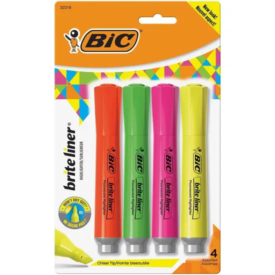 Brite Liner&reg; Grip Tank Highlighter, Chisel Tip, Assorted Colors, 4 Per Pack, 6 Packs {3}
