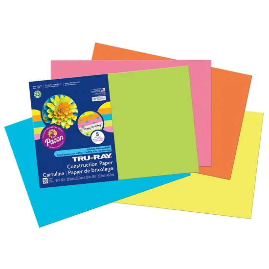 Construction Paper, 5 Assorted Hot Colors, 12" x 18", 50 Sheets Per Pack, 3 Packs {5}