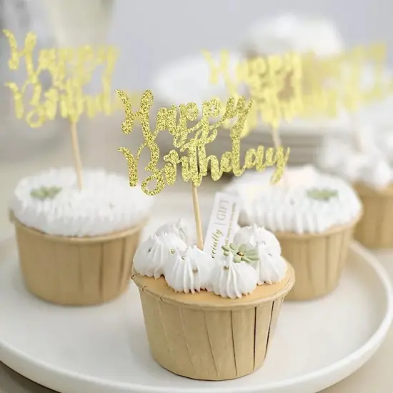 24 Gold Glitter Happy Birthday Cake & Cupcake Toppers {3}